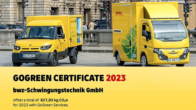 excerpt of a yellow certificate issued by parcel service provider DHL, stating that bwz Schwingungstechnik saved 827,83 KG of CO2-equivalents in 2023 by using DHL GoGreen products